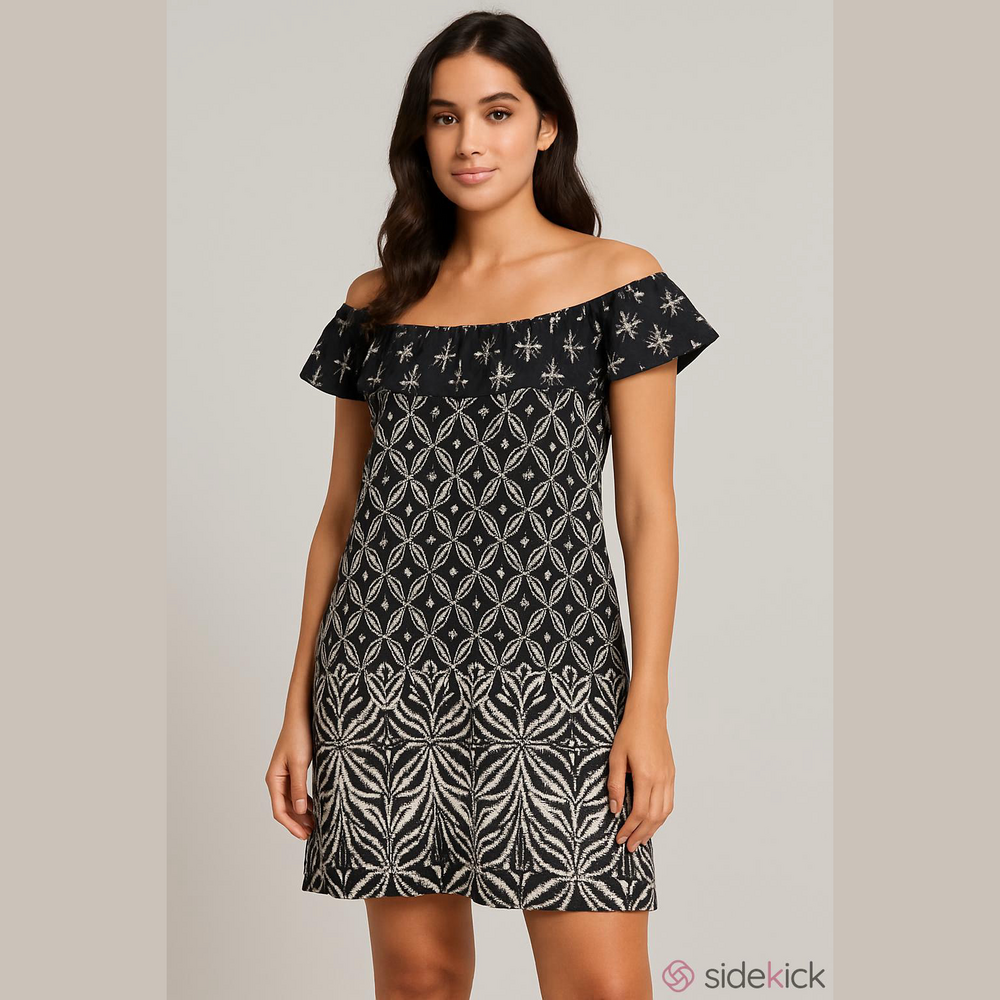 🌺WHITE HOUSE BLACK MARKET VTG ELASTIC WAIST MINI OFF SHOULDER RUFFLE DRESS